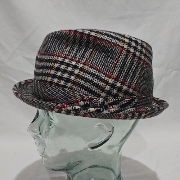 CROMBIE Aberdeen Scotland Cashmere & Wool Fedora Black Gray White Red Plaid S/7 - Picture 1 of 7